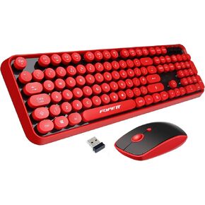 FOPETT Wireless Keyboard and Mouse Combo, 104 Keys Full-Sized 2.4 GHz Round Keycap Colorful Keyboards, USB Receiver Plug and Play, for Windows, Mac, PC, Laptop, Desktop - Grey Colorful (Black Red)