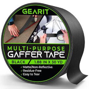 GearIT Gaffer Tape (1-Pack, 1.88in, 30yd Each) Black Gaffers Tape, Heavy-Duty Waterproof, Easy to Tear by Hand, Multipurpose Gaff, Non-Reflective Matte - 2 Inch, 1 Roll, 90 Feet