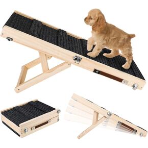 Adjustable Dog Ramp for Small Dogs, Portable Folding Pet Ramp Ladder, Non-Skid Dog Stairs Mat, Adjustable from 10" to 19" High, Wooden Cat Ramps for Couch Car High Beds (30 lbs Rated Weight)