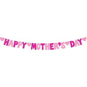 Happy Mother's Day Banner, Glitter Banner Decoration for Mother's Day, Mother's Day Party Decoration, Mother's Day Party Supplies (Pink/Rose Red Happy Mother's Day w. Pink Heart)
