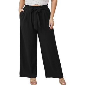 AusLook Women's Plus Size Wide Leg Lounge Pants with Pockets High Waisted Palazzo Adjustable Tie Knot Trousers