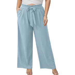 AusLook Women's Plus Size Wide Leg Lounge Pants with Pockets High Waisted Palazzo Adjustable Tie Knot Trousers
