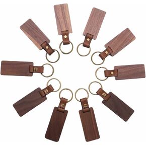 POVOKICI 10 Pack Blank Wood Keychain, Rectangle Walnut Keychains with Leather Strap, Personalized Key Tags for DIY Car Ornament Gift, Key Ring Gift Craft for Birthday, Engraving Gift