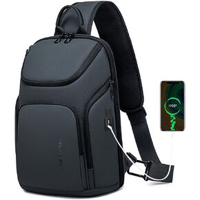 FENRUIEN Grey Sling Bag, Lightweight Crossbody Bag with USB, Sling Backpack Shoulder Chest Pack for Men Casual Rucksack for Daypack/Hiking/Travel/Sports