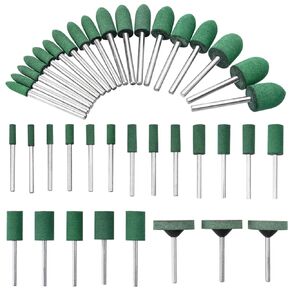 Eyech 39 Pcs Rubber Polishing Drill Bits,Green Buffer Abrasive Bits Metal Polish Tips Rotary Tool Accessories Bullet Cylinder T Shape Rubber Wheel Bit 3 mm Mandrel