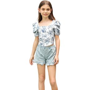 Milumia Girl's Floral Print Puff Short Sleeve Crop Tops Square Neck Shirred Back Top