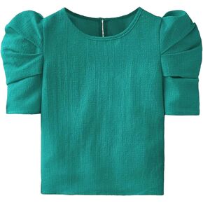 Milumia Girl's Casual Ruched Puff Short Sleeve Crew Neck Blouse Keyhole Shirts Tops Green 9 Years