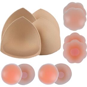 Geckowi Bra Pad Inserts 2 Pairs and Pasties Nipple Covers 4 Pairs for Women, Reusable Adhesive Silicone Nipple Covers
