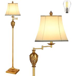 Traditional LED Floor Lamp with 350° Adjustable Swing Arm Lamp – Vintage Standing Pole lamp for Living Room, Bedroom and Office – Rustic Upright Floor Light for Home Décor with Silk Fabric Shade