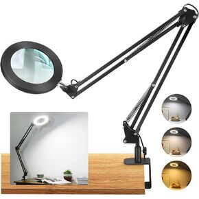 Large 10X Magnifying Glass with Light, 5 in Real Glass Stand Lighted Magnifier, 3 Color Modes Steepless Dimmable LED Magnifying Desk Lamp with Clamp, Hands Free for Close Work Crafts Hobby
