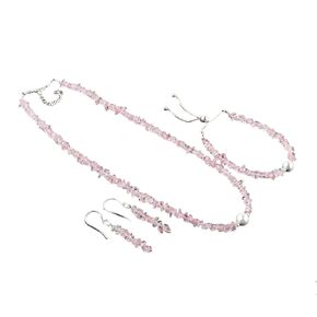 Natural Raw Rose Quartz Gemstone Jewelry Set with Pearl, Crystal Chips Nuggets Beads, Handmade Jewelry for Women, Healing Chakra Crystals, Bolo Bracelets, Necklace, Earrings, Combo Pack