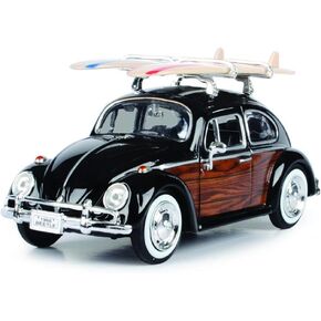Toy Cars 1966 VW Beetle Black with Wood Panels and Two Surfboards on Roof Rack 1/24 Diecast Model Car by Motormax 79591