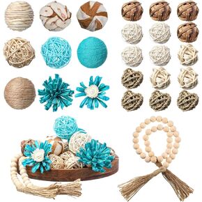 Halloscume 25 Pcs 1.97 Inch Assorted Decorative Balls Wood Bead Garland Set Wicker Rattan Balls with Bowl Decorative Filler for Garden Table Bowl Filler Centerpieces (Ordinary Wicker Rattan)