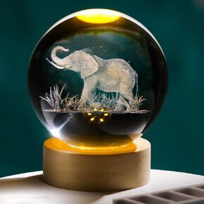 Arikyrist 3D Elephant Crystal Ball Lamp Gifts, Crystal Elephant Night Light Decoration with Wooden Base, Laser Engraved Elephant Glass Sphere Figurine Collectibles