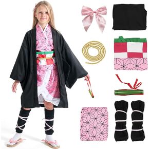 BUWHIN Nezuko Cosplay Costume Kimono for Kids Adults Robe Japanese Anime Costume Halloween Kimono Outfit With Wig