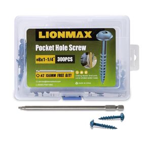 LIONMAX Pocket Hole Screws 1-1/2 Inch, 300 PCS Exterior Pocket Screw #8 x 1-1/2", Coarse Thread, Square Drive, Blue Coated Weather Resistant Pocket Hole Screws, 150MM Drive Bit Included