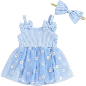 Lesimsam Newborn Baby Girl Clothes Daisy Tulle Romper Dress Strap Sleeveless Tutu Bodysuit Jumpsuit Headband Summer Outfit