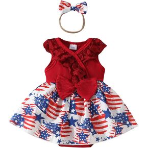 Sprifallbaby 4th of July Baby Girl Outfit Sleeveless Lace Romper Infant Toddler Girl Summer Clothes Dress Headband