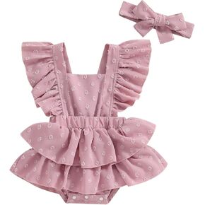 Yoawdats Newborn Baby Girl Outfits Baby Girl Romper Dress Fly Sleeve Swiss Dots Layered Romper Bodysuit with Hairband Clothes in Kuwait