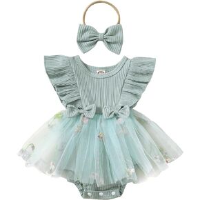 Kodaruber Newborn Baby Girl Romper Dress Fly Sleeve Flower Embroidery Tulle Tutu Dresses Infant Girls Clothes with Headband