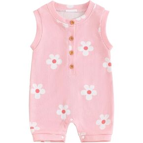Suolongsama Baby Girl Jumpsuit Sleeveless Flower Print Waffle One Piece Romper Bodysuit Newborn Girl Summer Outfits