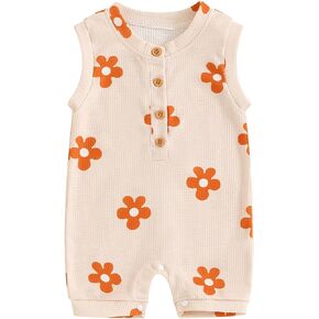 Suolongsama Baby Girl Jumpsuit Sleeveless Flower Print Waffle One Piece Romper Bodysuit Newborn Girl Summer Outfits