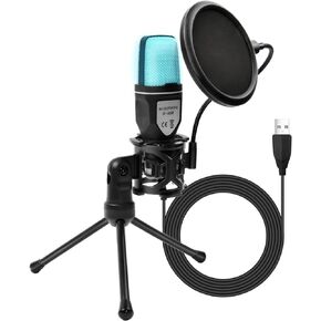 USB Microphone, Computer Comdenser Gaming Mic with RGB Light Adjusable Tripod Stand and Pop Filter For Vocal Recording ,Podcasting, Live Streaming, Compatible with Computer, PC, Laptop Desktop.