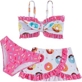 BEAUDRM Girl's 3 Piece Swimsuit Donuts Print Ruffle Trim Bow Front Bikini Set with Beach Skirt