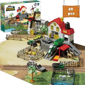Frontoytall Farm Animals Toys with Play Mat, Farm Playset Barn House with Truck Tractor Toys for Kids and Animals Figurines, Animal Toy Farm Set for 3-12 Years Old Kids Boys Girls Toddlers, 49PCS