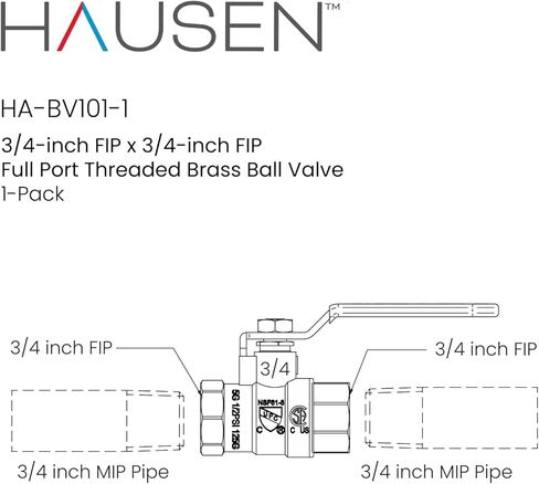 Hausen 3/4 بوصة FIP x 3/4 بوصة FIP صمام كروي نحاسي ملولب كامل المنفذ، حزمة واحدة in Kuwait