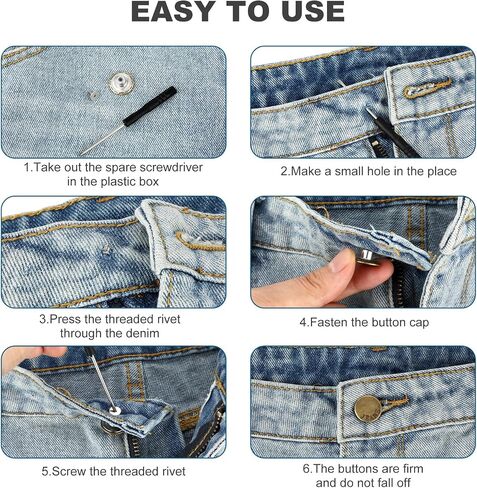 Amabro 8 PCS Button Pins for Jeans, No Sewing Jeans Shiny Buttons Replacement Kit Adjustable Reusable Instant Metal Buttons for Pants Removable Pant Button with Threads Rivets and Screwdriver in Saudi Arabia
