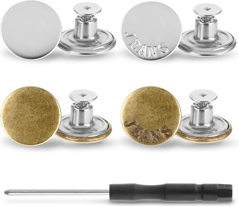 Amabro 8 PCS Button Pins for Jeans, No Sewing Jeans Shiny Buttons Replacement Kit Adjustable Reusable Instant Metal Buttons for Pants Removable Pant Button with Threads Rivets and Screwdriver in Saudi Arabia