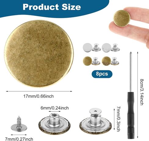 Amabro 8 PCS Button Pins for Jeans, No Sewing Jeans Shiny Buttons Replacement Kit Adjustable Reusable Instant Metal Buttons for Pants Removable Pant Button with Threads Rivets and Screwdriver in Saudi Arabia