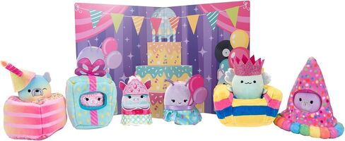 Squishville by Original Squishmallows Birthday Bash Set - Six Exclusive 2-inch Squishmallows Plush, Four Costumes and Accessories, and a Pop-Up Play Display - Toys for Kids in Kuwait
