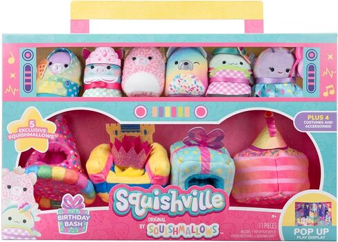 Squishville by Original Squishmallows Birthday Bash Set - Six Exclusive 2-inch Squishmallows Plush, Four Costumes and Accessories, and a Pop-Up Play Display - Toys for Kids in Kuwait