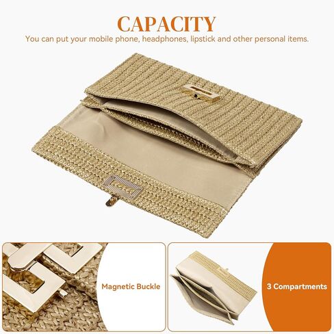 احصل على محفظة بمقبض من القش للنساء، حقيبة محفظة على شكل ظرف منسوج للشاطئ للصيف لقضاء العطلات in Kuwait