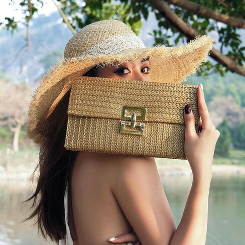 احصل على محفظة بمقبض من القش للنساء، حقيبة محفظة على شكل ظرف منسوج للشاطئ للصيف لقضاء العطلات in Kuwait