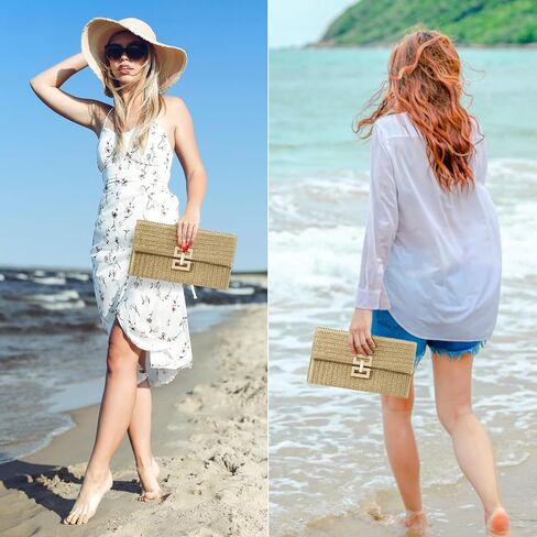 احصل على محفظة بمقبض من القش للنساء، حقيبة محفظة على شكل ظرف منسوج للشاطئ للصيف لقضاء العطلات in Kuwait