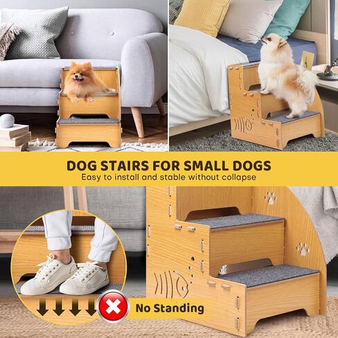 Dog Stairs for Small Dogs,13.4" Wood Dog ramp for Bed can Disassembly for Up to 110 Pounds,Small,Hurt,Old Dogs & Cats.Mini 3 Levels,Anti-Slip-Dog ramp for Couch,Suitable for Sofa,Low Bed.-HBHoushen in Saudi Arabia