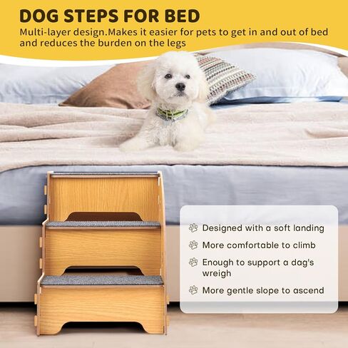 Dog Stairs for Small Dogs,13.4" Wood Dog ramp for Bed can Disassembly for Up to 110 Pounds,Small,Hurt,Old Dogs & Cats.Mini 3 Levels,Anti-Slip-Dog ramp for Couch,Suitable for Sofa,Low Bed.-HBHoushen in Saudi Arabia