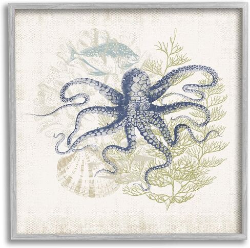 Stupell Industries Weathered Sea Life Overlay Pattern Aquatic Octopus Framed Wall Art, Design By Victoria Barnes in Saudi Arabia