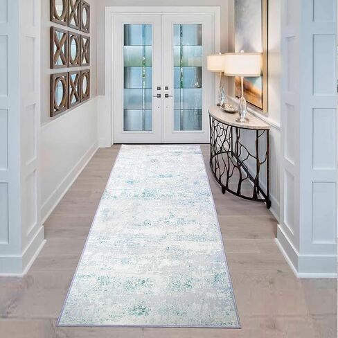 Quiet Quarters 2x6 Washable Runner Rug with Rug Hair Remover | Hallway Runner with Rubber Backing | Low-Pile Runners for Hallways, Kitchen and Bedroom | Blue & White in Saudi Arabia