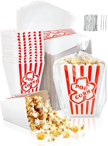 Kosiz 200 Pcs Popcorn Boxes and Clear Bags Set, 100 Popcorn Boxes 4''x 5'' and 100 Popcorn Bags with Twist Ties Movie Nights Supplies Paper Popcorn Holders Bucket Container for Party in Saudi Arabia