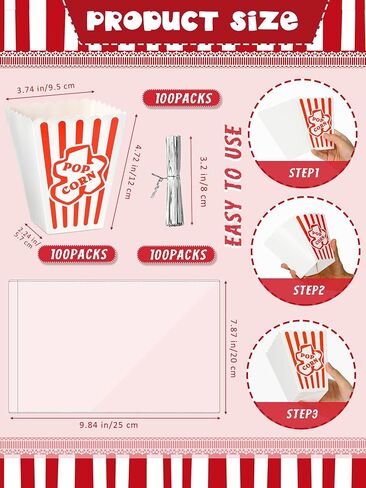 Kosiz 200 Pcs Popcorn Boxes and Clear Bags Set, 100 Popcorn Boxes 4''x 5'' and 100 Popcorn Bags with Twist Ties Movie Nights Supplies Paper Popcorn Holders Bucket Container for Party in Saudi Arabia