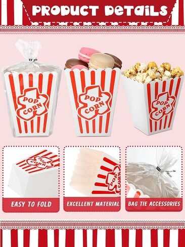 Kosiz 200 Pcs Popcorn Boxes and Clear Bags Set, 100 Popcorn Boxes 4''x 5'' and 100 Popcorn Bags with Twist Ties Movie Nights Supplies Paper Popcorn Holders Bucket Container for Party in Saudi Arabia