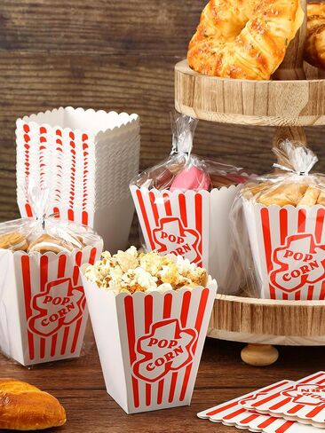 Kosiz 200 Pcs Popcorn Boxes and Clear Bags Set, 100 Popcorn Boxes 4''x 5'' and 100 Popcorn Bags with Twist Ties Movie Nights Supplies Paper Popcorn Holders Bucket Container for Party in Saudi Arabia