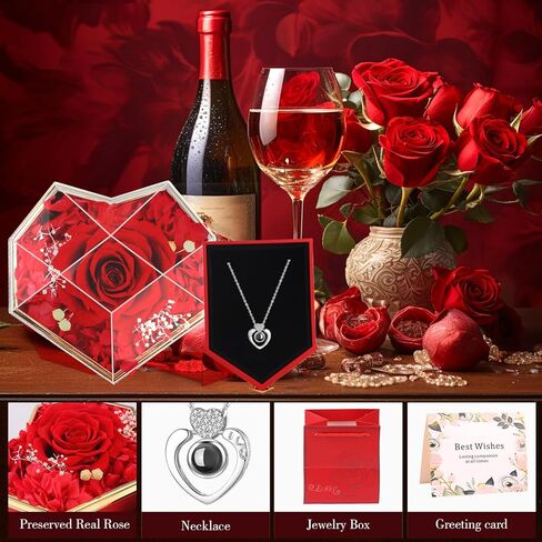 Swiftbuyo الحفاظ على وردة حمراء حقيقية مع قلادة أحبك 100 لغة، هدايا للنساء أمي جدتها صديقتها أختها صديقة زوجة، فكرة هدايا في عيد الميلاد، عيد الحب، عيد الأم in Kuwait