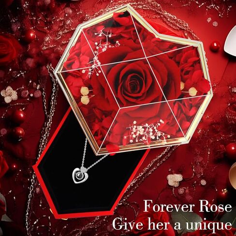 Swiftbuyo الحفاظ على وردة حمراء حقيقية مع قلادة أحبك 100 لغة، هدايا للنساء أمي جدتها صديقتها أختها صديقة زوجة، فكرة هدايا في عيد الميلاد، عيد الحب، عيد الأم in Kuwait