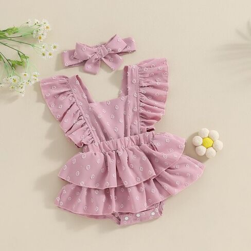 Yoawdats Newborn Baby Girl Outfits Baby Girl Romper Dress Fly Sleeve Swiss Dots Layered Romper Bodysuit with Hairband Clothes in Kuwait