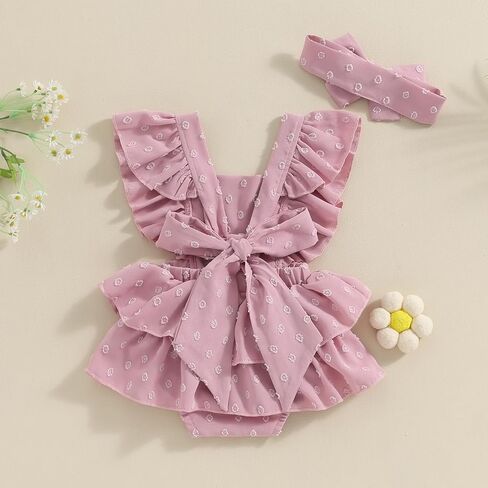 Yoawdats Newborn Baby Girl Outfits Baby Girl Romper Dress Fly Sleeve Swiss Dots Layered Romper Bodysuit with Hairband Clothes in Kuwait